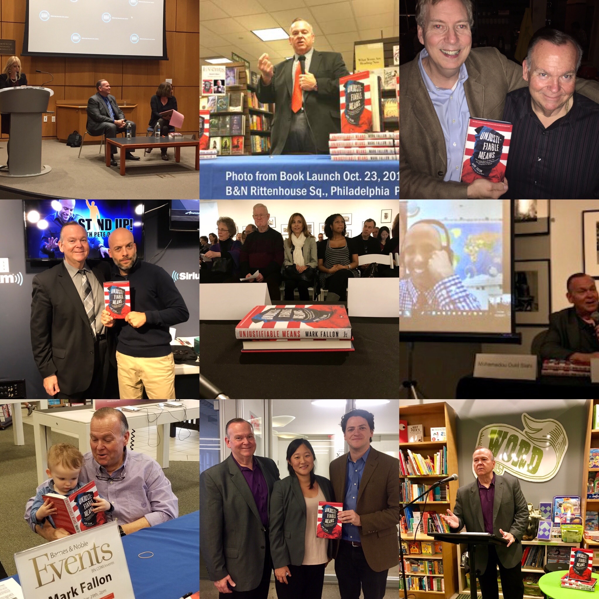 Collage from Unjustifiable Means book launch events — panel discussions, bookstore readings, and Sirius XM appearance