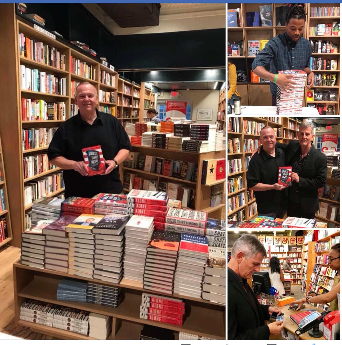 Collage of Mark Fallon at a bookstore signing event — holding a copy of Unjustifiable Means, with fans and staff