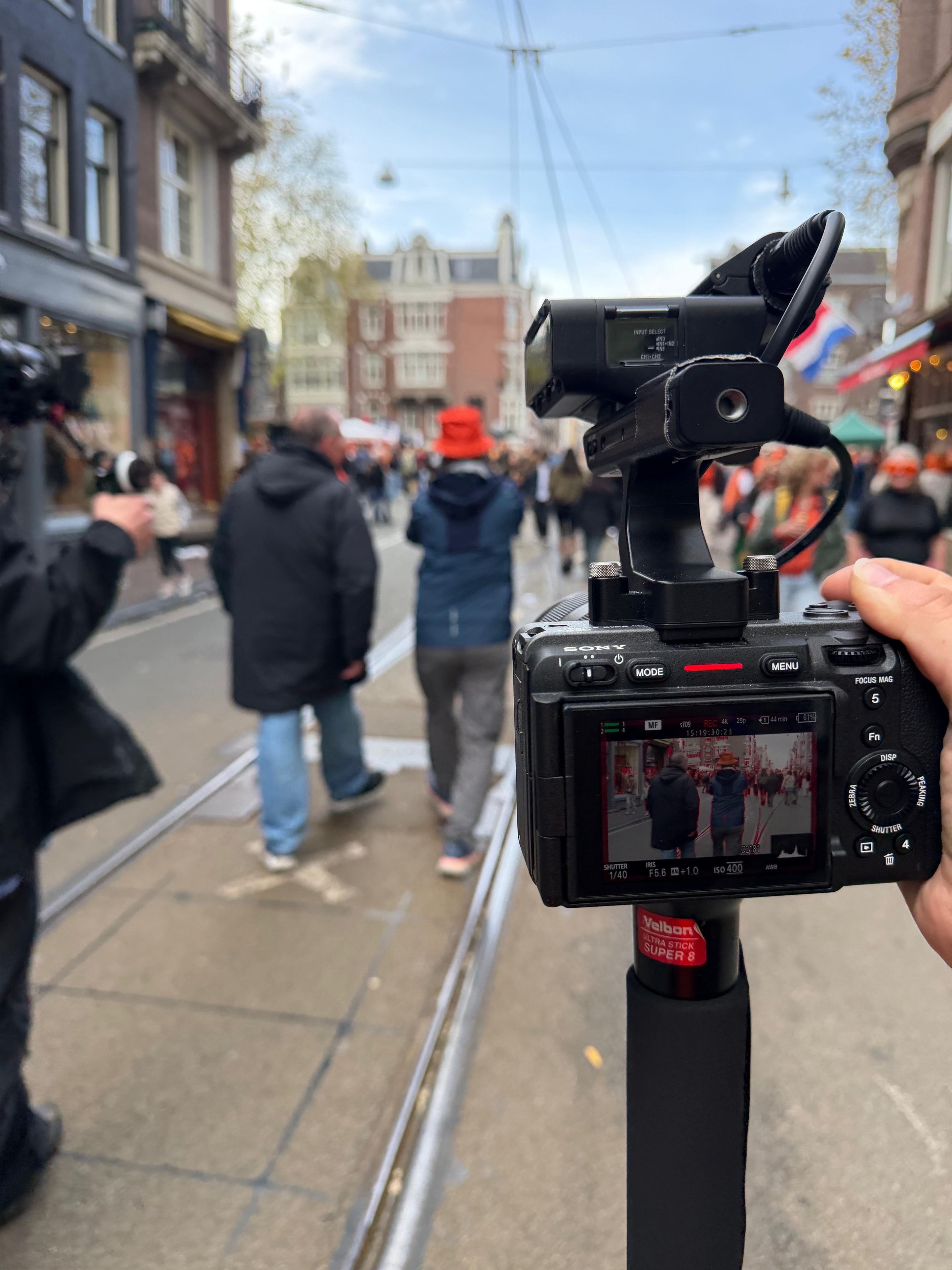 Sony camera filming a street scene in Amsterdam during a documentary shoot