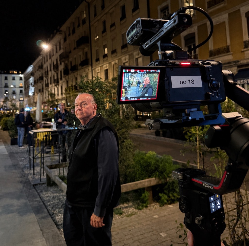 Mark Fallon on a night location shoot with a DJI RS3 Pro gimbal camera