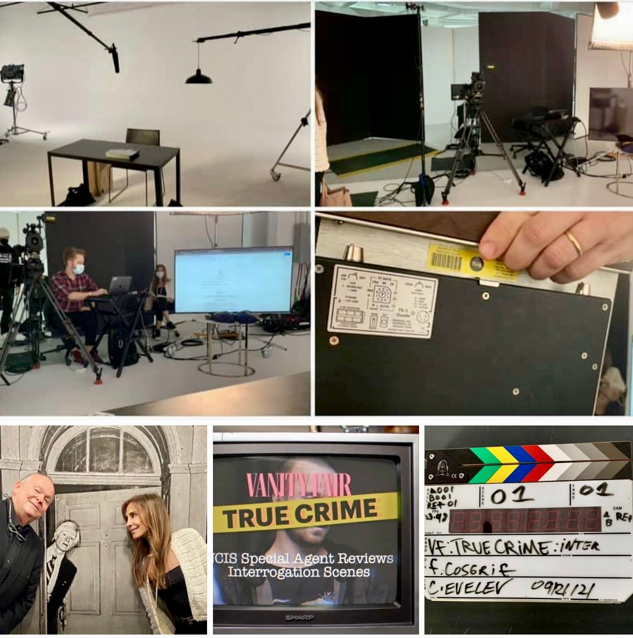 Six-panel Vanity Fair True Crime studio collage — behind the scenes of Mark Fallon's interview shoot