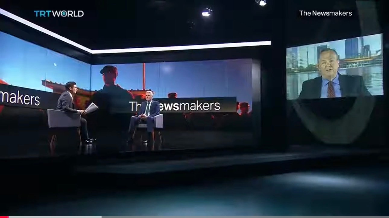 Mark Fallon appearing on TRT World's The Newsmakers program